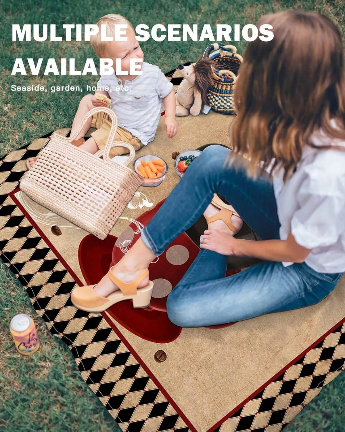 Coffee Theme Beach Blanket Large with Stakes Waterproof Sandproof,Foldable Beach Mat with Corner Pockets for Outdoor Travel Camping Hiking Picnic Essentials,Retro Plaid Coffee Cup Coffee Beans 95"x80"
