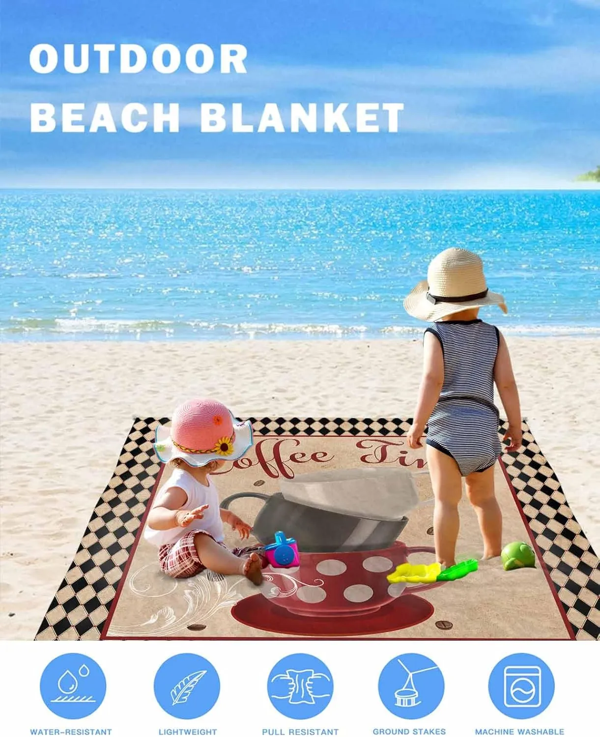 Coffee Theme Beach Blanket Large with Stakes Waterproof Sandproof,Foldable Beach Mat with Corner Pockets for Outdoor Travel Camping Hiking Picnic Essentials,Retro Plaid Coffee Cup Coffee Beans 95"x80"