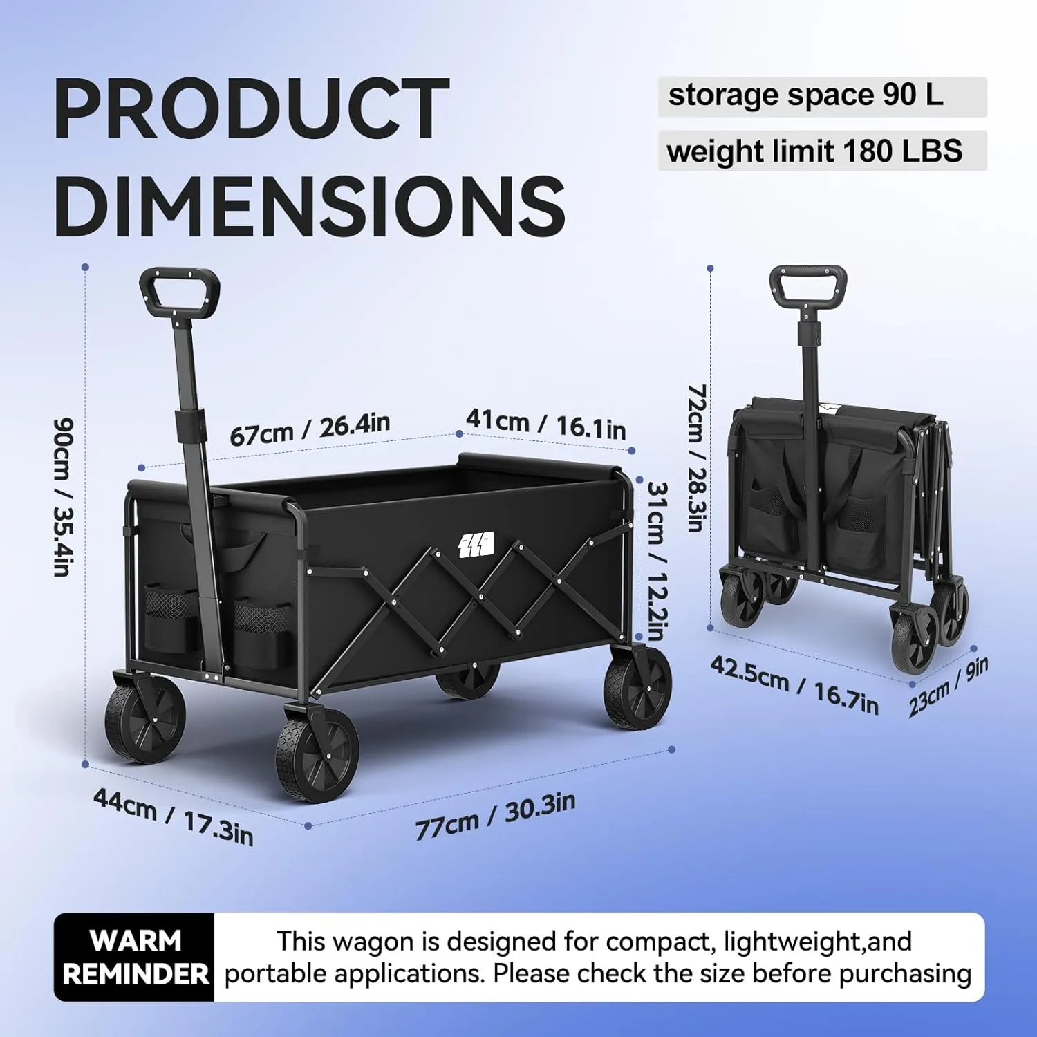 Collapsible Foldable Wagon, Foldig Wagon with Wheel Heavy Duty with 180lbs Weight Capacity Lightweight Utility Camping Cart for Groceries Garden Beach Sports Fishing (Black)