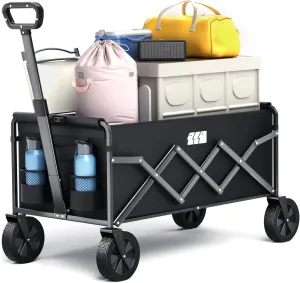 Collapsible Foldable Wagon, Foldig Wagon with Wheel Heavy Duty with 180lbs Weight Capacity Lightweight Utility Camping Cart for Groceries Garden Beach Sports Fishing (Black)