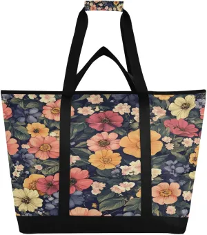 Colorful Flowers Reusable Insulated Lunchbox Cooler Bag, Leakproof Kitchen Grocery Bag Collapsible Portable Cooler Tote Bag for Picnic, Camping, Office, Travel