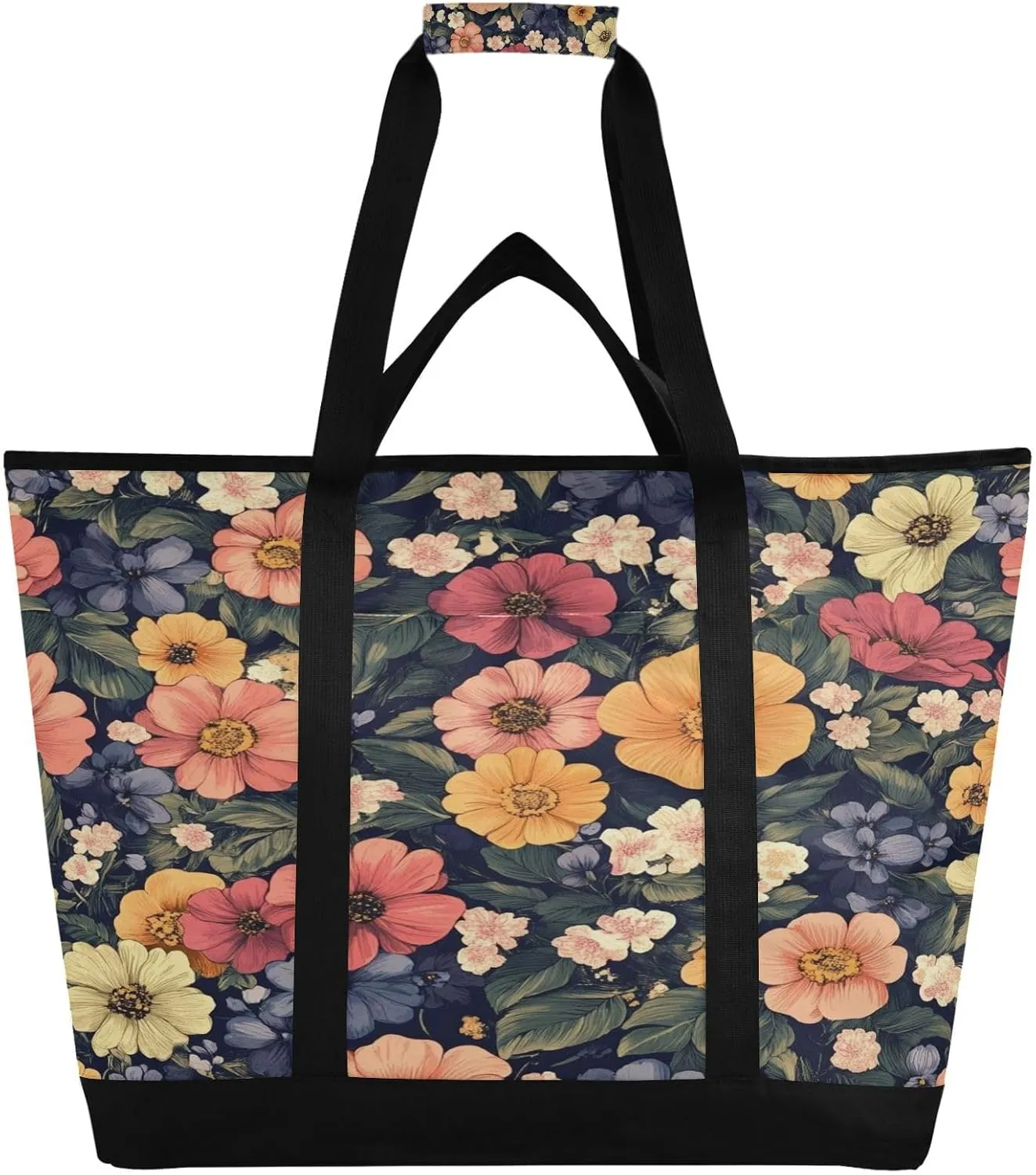 Colorful Flowers Reusable Insulated Lunchbox Cooler Bag, Leakproof Kitchen Grocery Bag Collapsible Portable Cooler Tote Bag for Picnic, Camping, Office, Travel