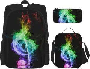 Colorful Music Notes Print Versatile Adjustable Shoulder Fashion Backpack Lunch Bag Pencil Case Large Capacity