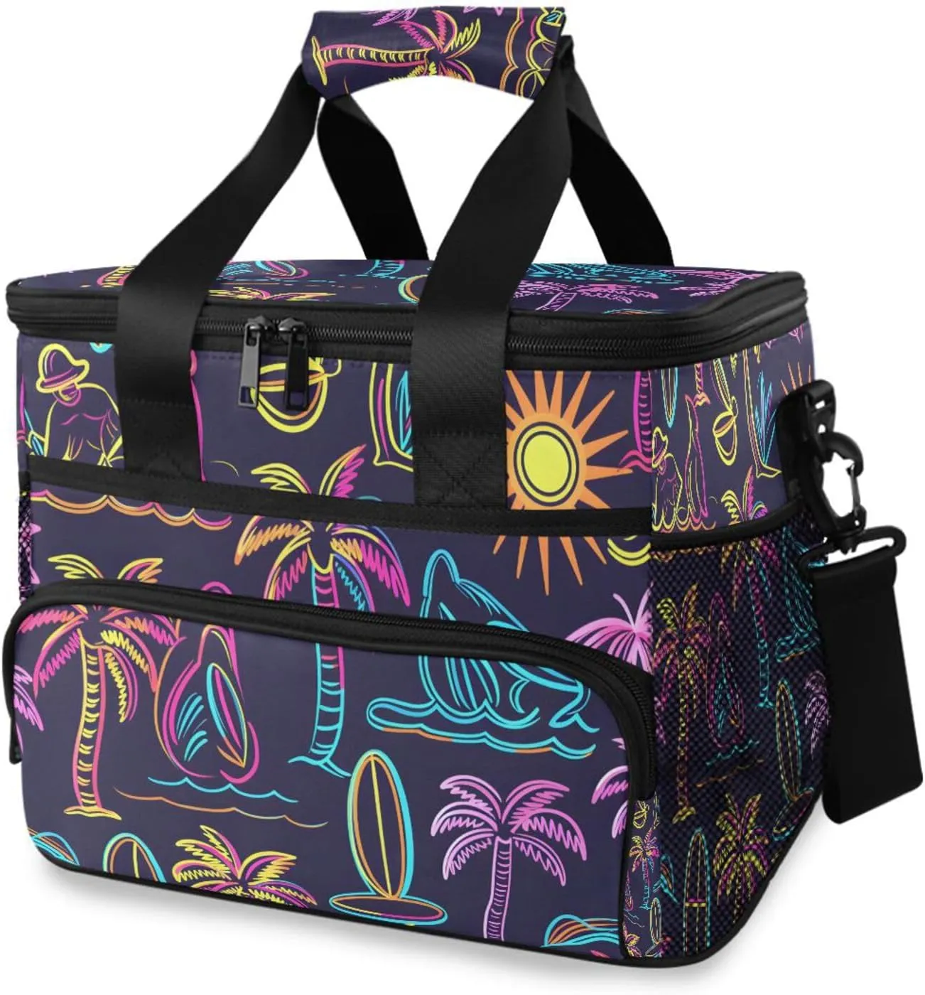 Colorful Neon Palm Trees Moon Cooler Bag Insulated Cooler Soft Sided Cooler 24 Can Portable Picnic Bag Large Leakproof Lunch Bag Box for Beach Grocery Camping Travel Car Men Women
