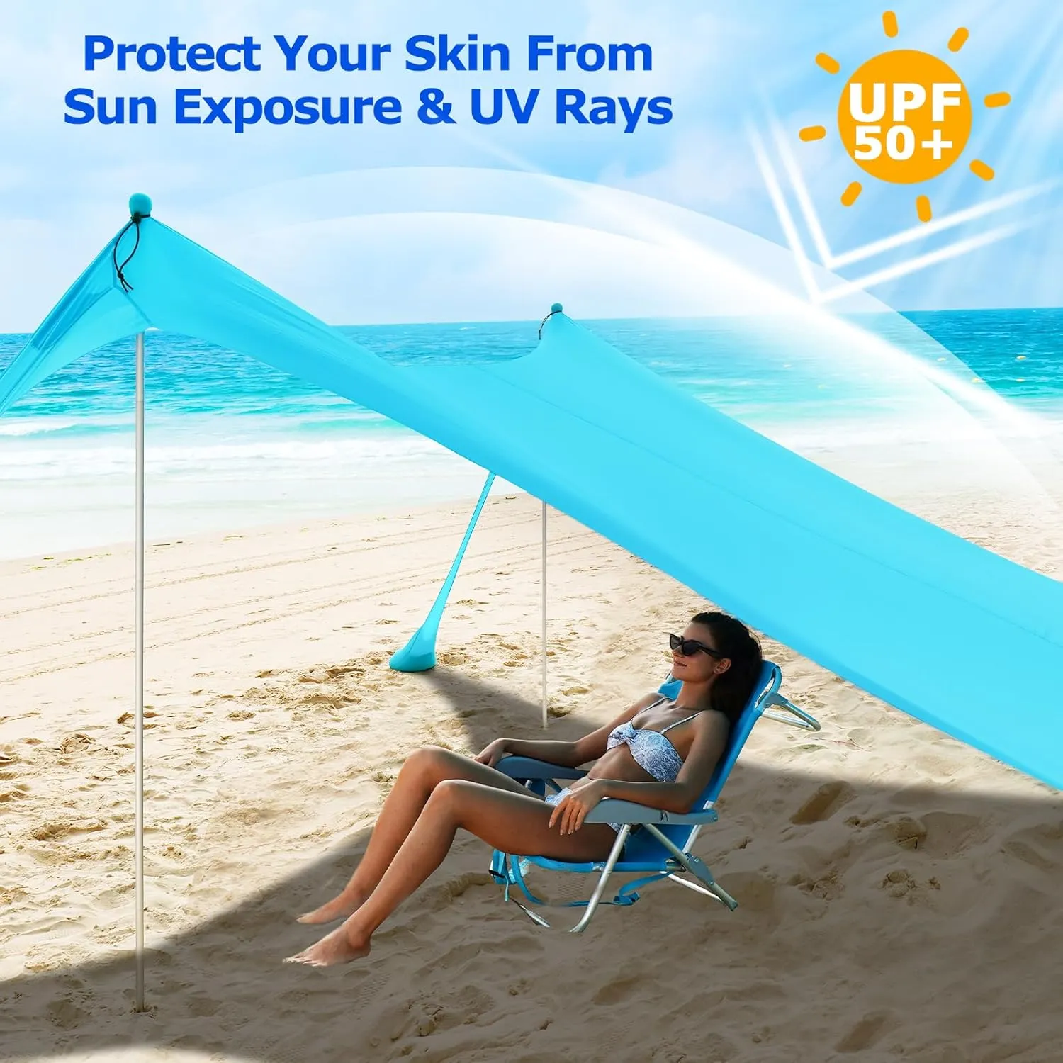 COMMOUDS Beach Tent Sun Shelter - UPF50  Pop Up Beach Canopy with Sandbags & Sand Shovel & Windproof Poles, Portable Sun Shade for Beach, Camping, Picnics, Backyard