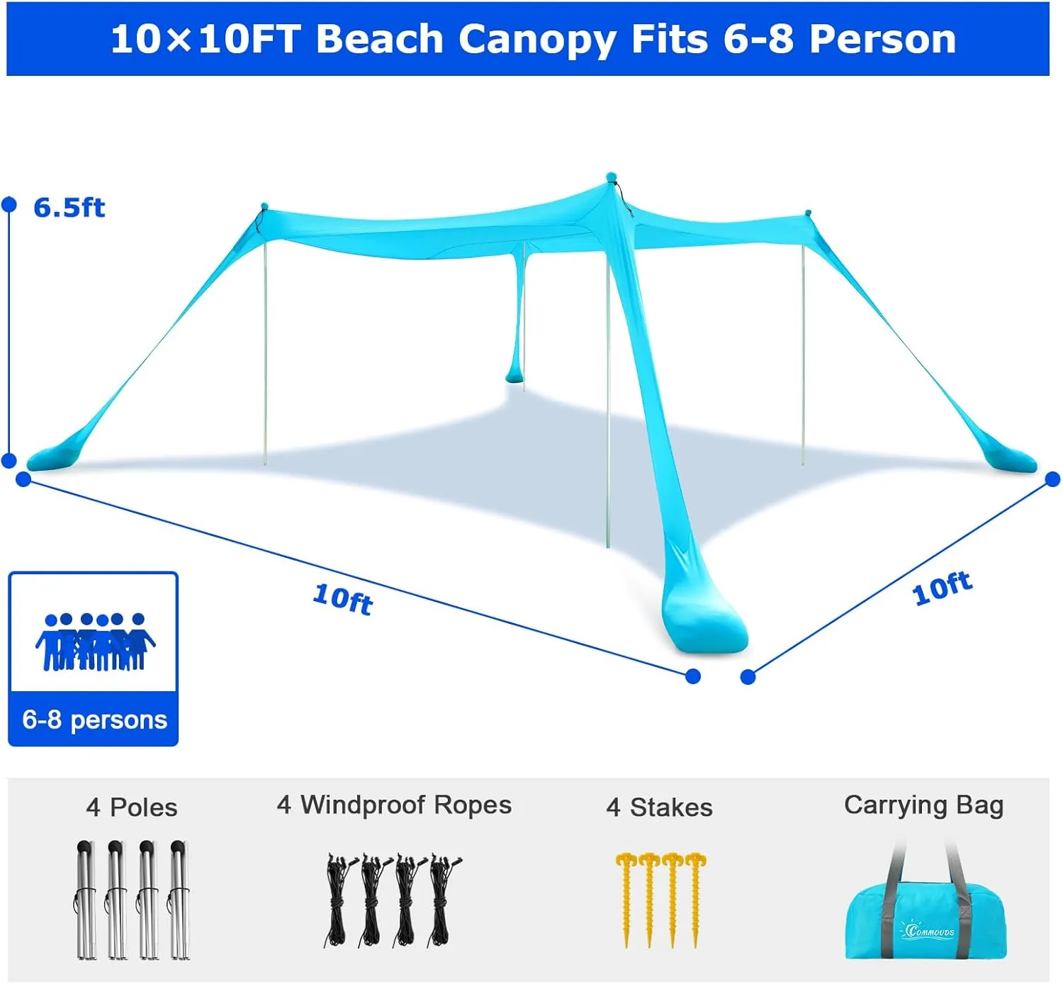COMMOUDS Beach Tent Sun Shelter - UPF50  Pop Up Beach Canopy with Sandbags & Sand Shovel & Windproof Poles, Portable Sun Shade for Beach, Camping, Picnics, Backyard