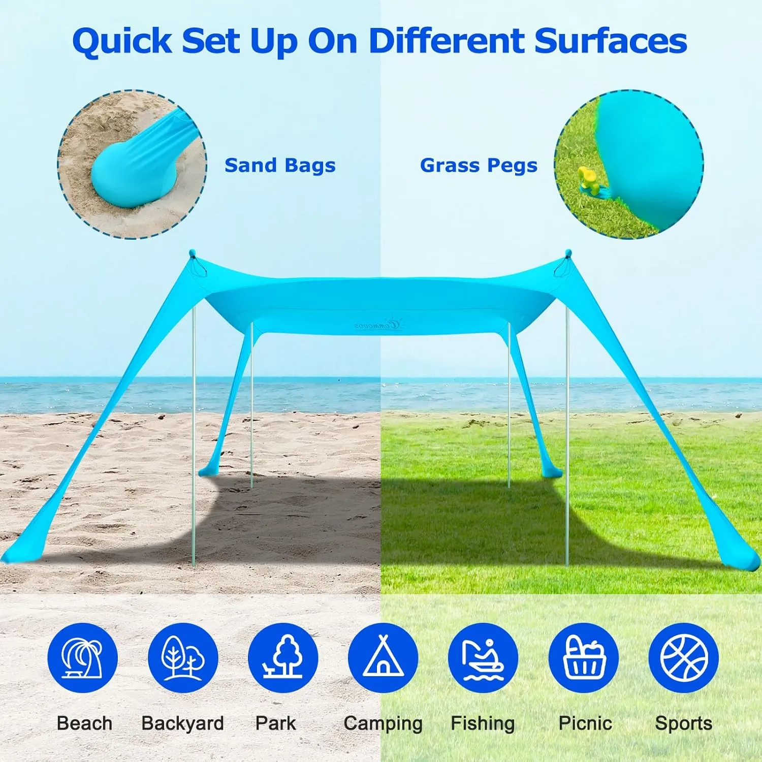 COMMOUDS Beach Tent Sun Shelter - UPF50  Pop Up Beach Canopy with Sandbags & Sand Shovel & Windproof Poles, Portable Sun Shade for Beach, Camping, Picnics, Backyard