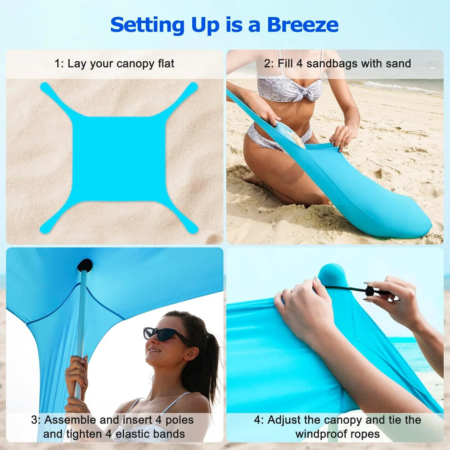 COMMOUDS Beach Tent Sun Shelter - UPF50  Pop Up Beach Canopy with Sandbags & Sand Shovel & Windproof Poles, Portable Sun Shade for Beach, Camping, Picnics, Backyard