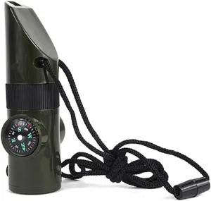 Compass Multifunctional Whistle 7 in 1 Survival Trekking Compass Mirror Torch Magnifier Led Light Thermometer Storage Tools
