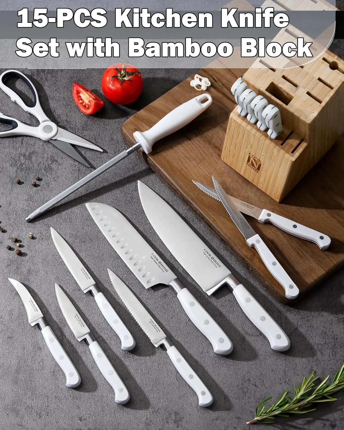 Cook N Home Kitchen Knife Set with Bamboo Storage Block 15-Piece, High Carbon Stainless Steel Blade, White