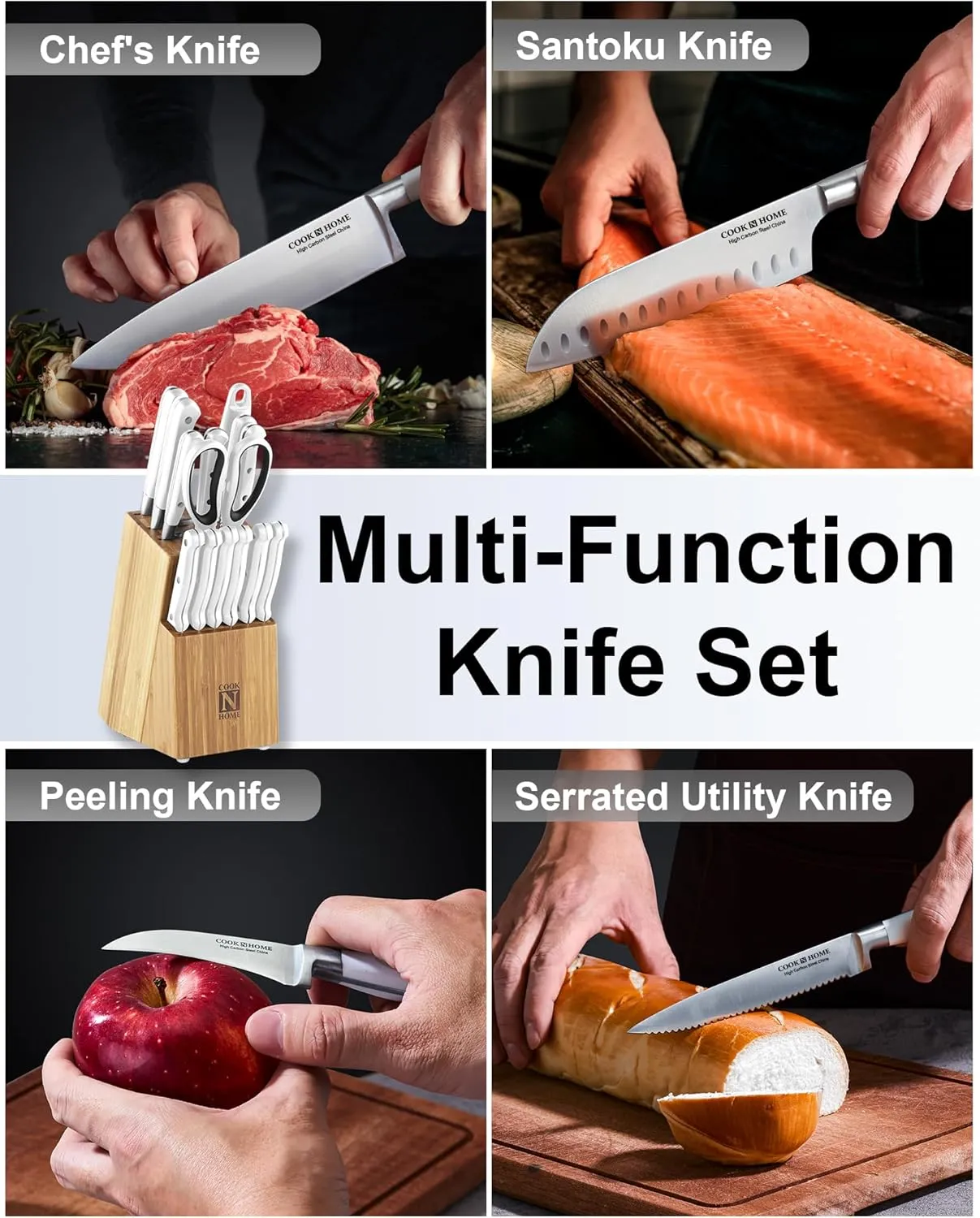 Cook N Home Kitchen Knife Set with Bamboo Storage Block 15-Piece, High Carbon Stainless Steel Blade, White
