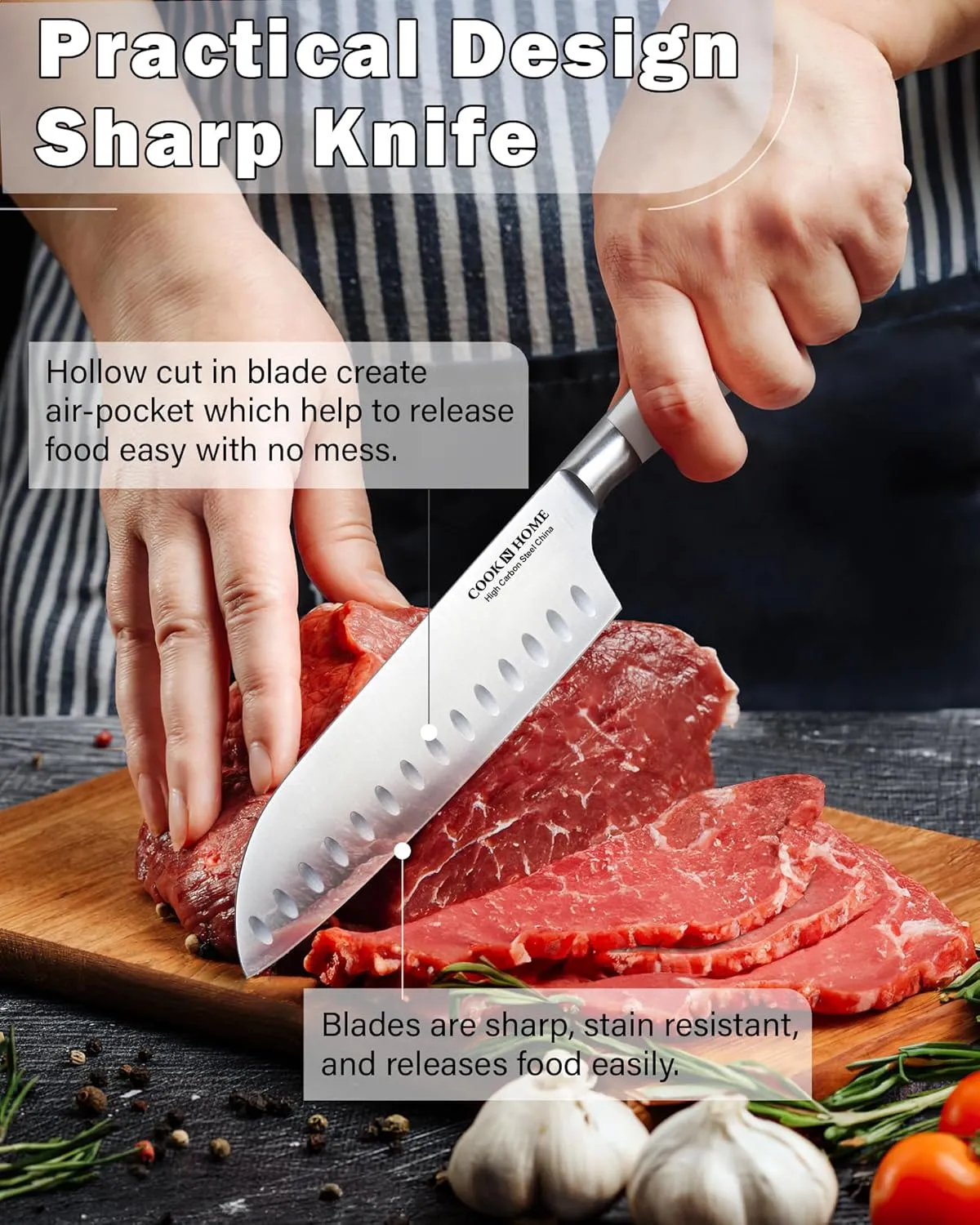 Cook N Home Kitchen Knife Set with Bamboo Storage Block 15-Piece, High Carbon Stainless Steel Blade, White
