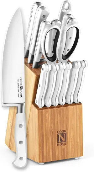 Cook N Home Kitchen Knife Set with Bamboo Storage Block 15-Piece, High Carbon Stainless Steel Blade, White