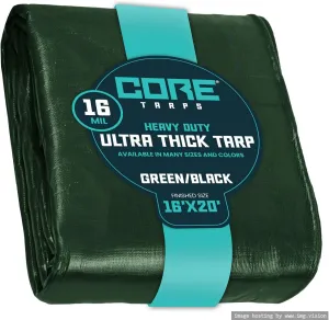 Core Tarps Extra Heavy Duty 16 Mil Tarp Cover, Waterproof, UV Resistant, Rip and Tear Proof, Poly Tarpaulin with Reinforced Edges for Roof, Camping, Patio, Pool, Boat (Green/Black 16′ X 20′)