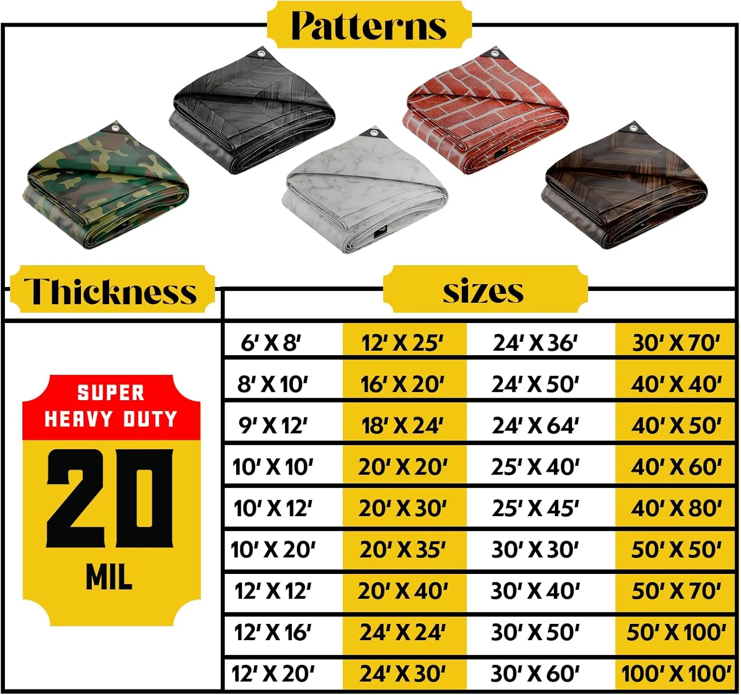 Core Tarps Extreme Heavy Duty 20 Mil Tarp Cover, Waterproof, UV Resistant, Rip and Tear Proof, Poly Tarpaulin with Reinforced Edges for Roof, Camping, Patio, Pool, Boat (Brown Wood/Black 18′ X 24′)