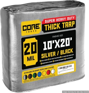 Core Tarps Extreme Heavy Duty 20 Mil Tarp Cover, Waterproof, UV Resistant, Rip and Tear Proof, Poly Tarpaulin with Reinforced Edges for Roof, Camping, Patio, Pool, Boat (Silver/Black 10′ X 20′)