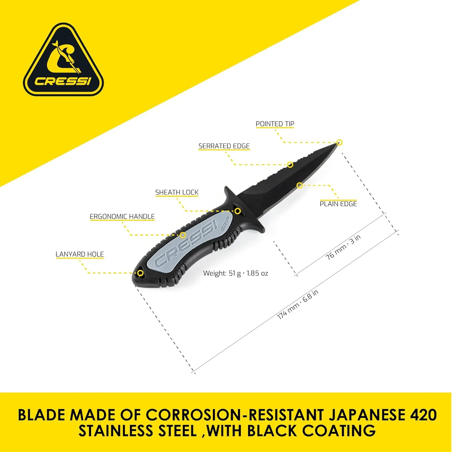 CRESSI Versatile Diving Knife for Scuba, Snorkeling, Spearfishing | The Grip