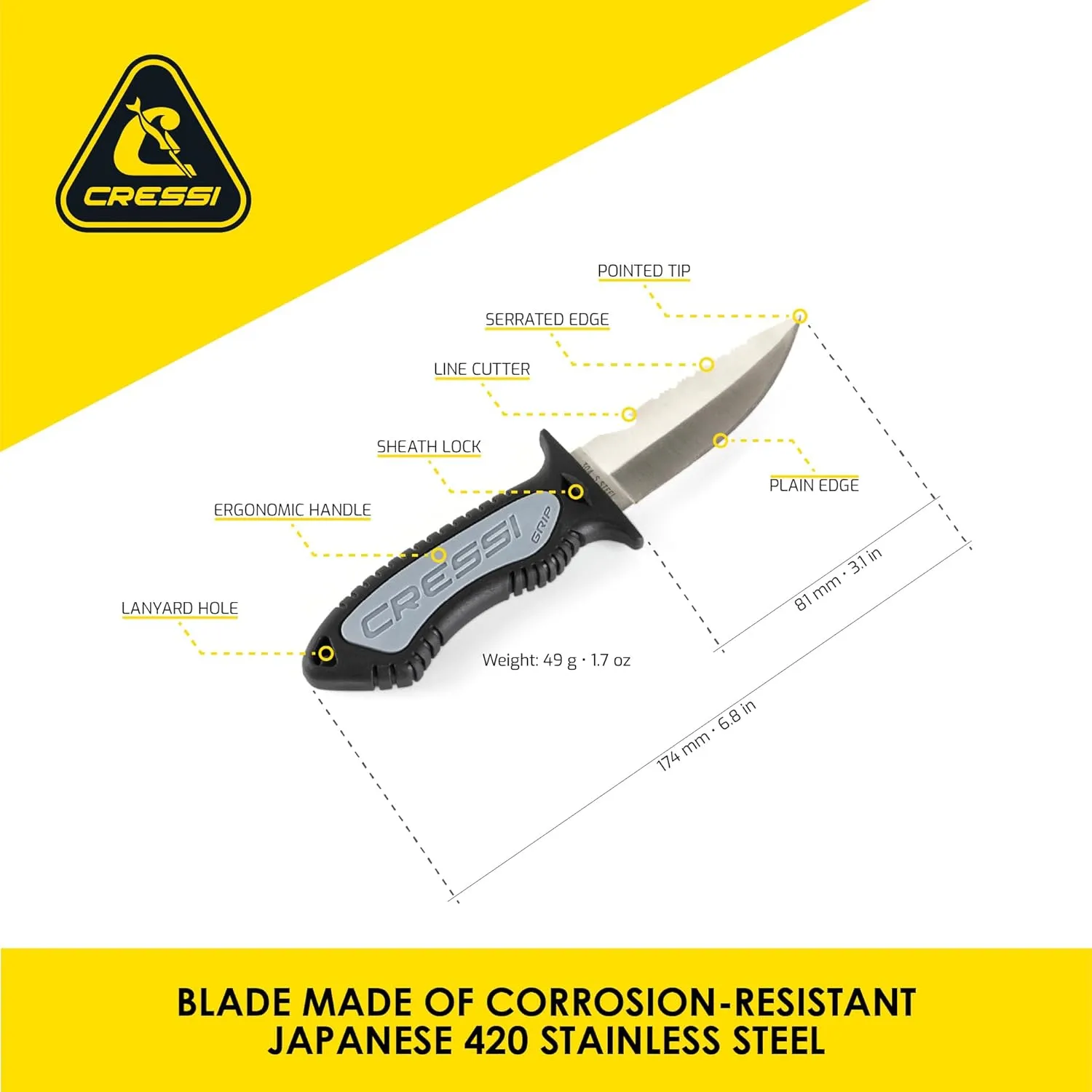 CRESSI Versatile Diving Knife for Scuba, Snorkeling, Spearfishing | The Grip