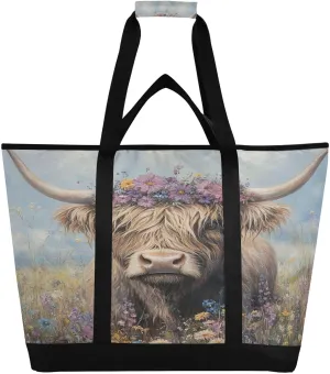 Cute Highland Cattle Reusable Insulated Lunchbox Cooler Bag, Leakproof Kitchen Grocery Bag Collapsible Portable Cooler Tote Bag for Picnic, Camping, Office, Travel
