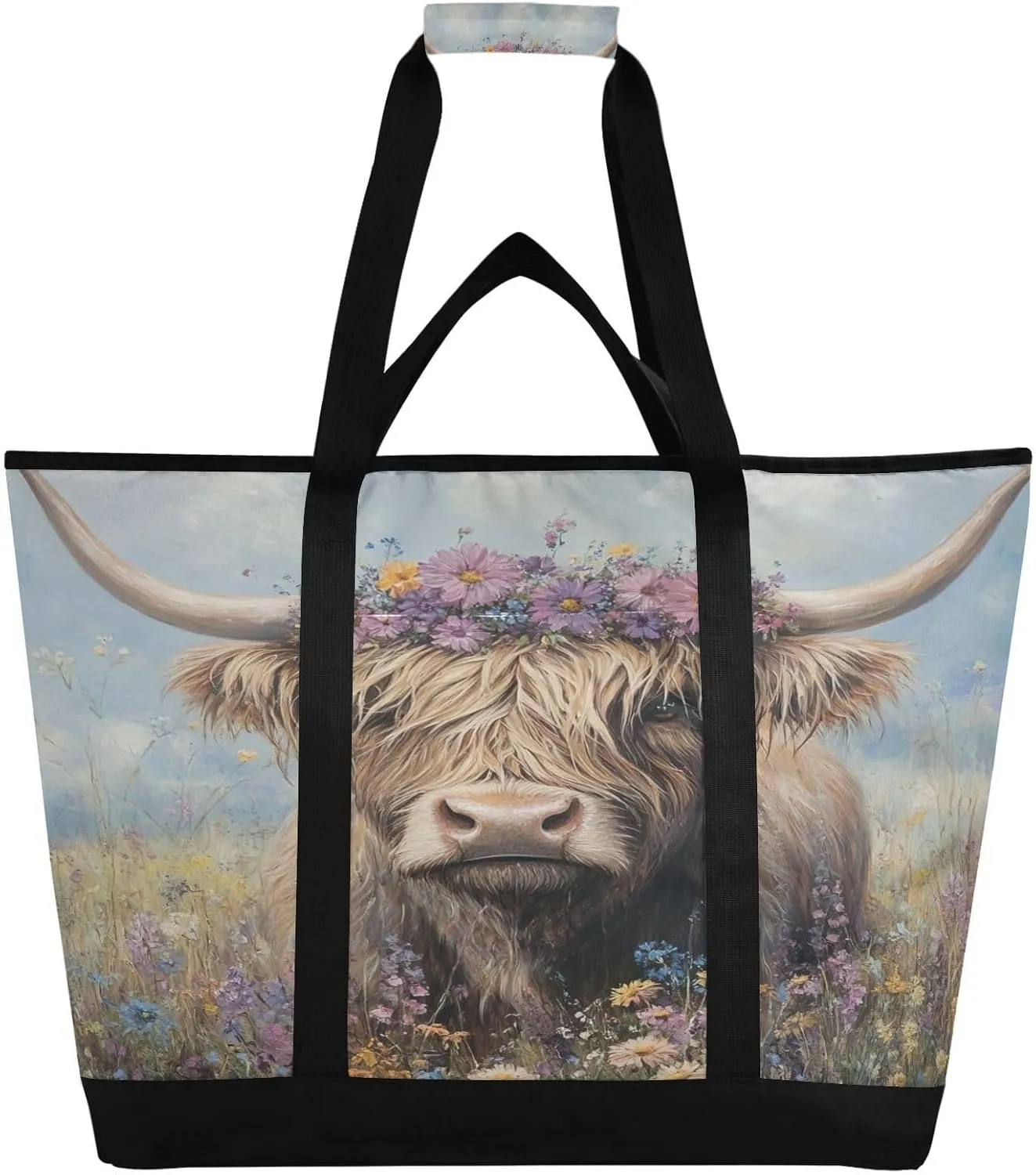 Cute Highland Cattle Reusable Insulated Lunchbox Cooler Bag, Leakproof Kitchen Grocery Bag Collapsible Portable Cooler Tote Bag for Picnic, Camping, Office, Travel