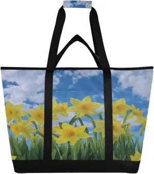 Daffodil Flowers Sky Cloudscape Reusable Insulated Lunchbox Cooler Bag, Leakproof Kitchen Grocery Bag Collapsible Portable Cooler Tote Bag for Picnic, Camping, Office, Travel