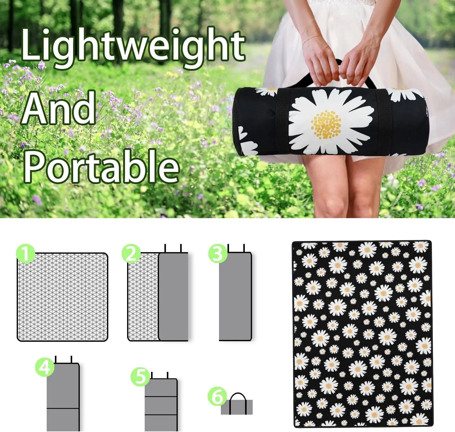 Daisy Picnic Blankets Waterproof Foldable60’‘x80'', Flowers Floral Portable Outdoor Picnic Mat Water Resistant for Grass,Padded Lawn & Park Blanket for Camping,Daisy Stuff Decor