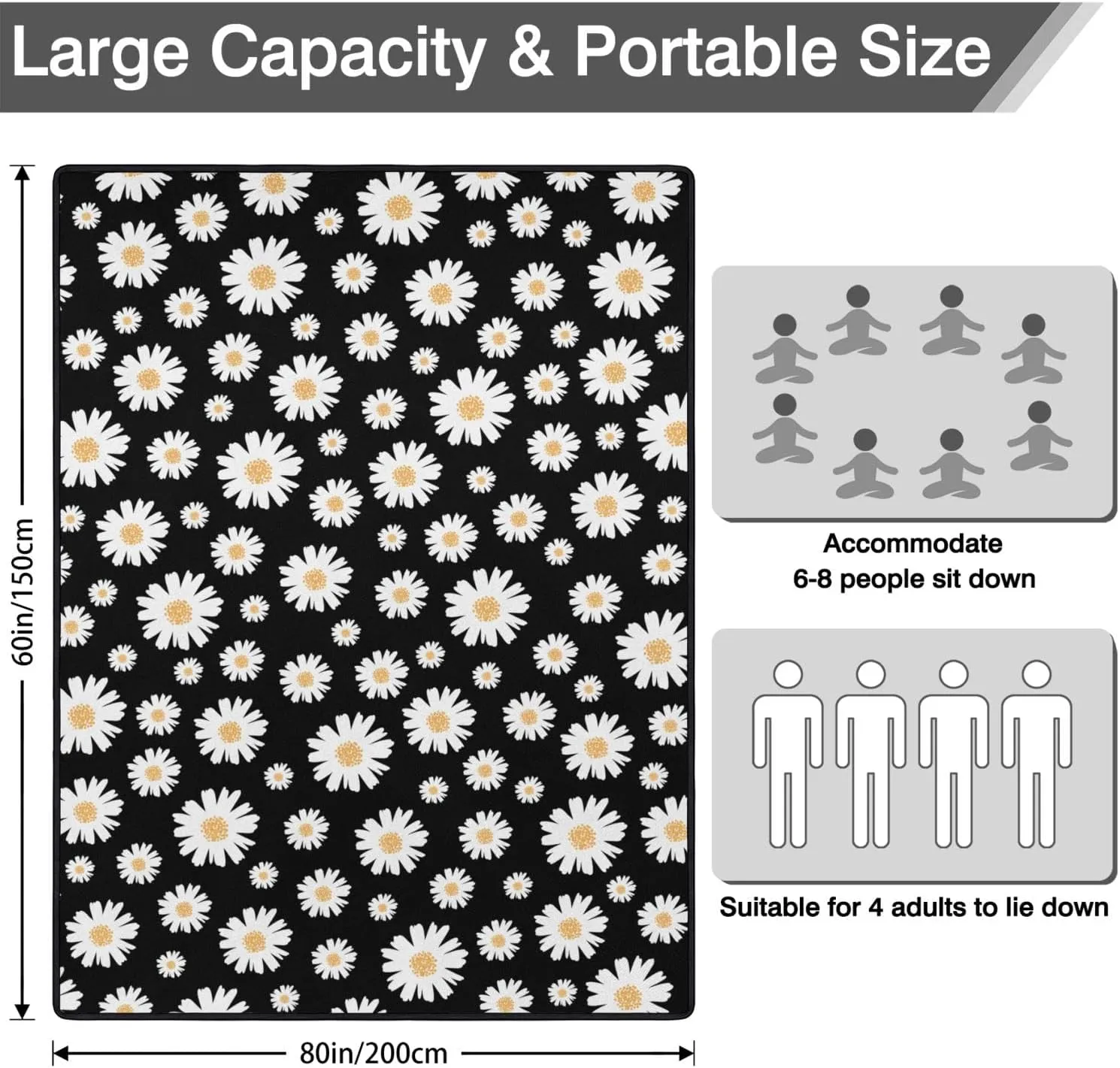 Daisy Picnic Blankets Waterproof Foldable60’‘x80'', Flowers Floral Portable Outdoor Picnic Mat Water Resistant for Grass,Padded Lawn & Park Blanket for Camping,Daisy Stuff Decor