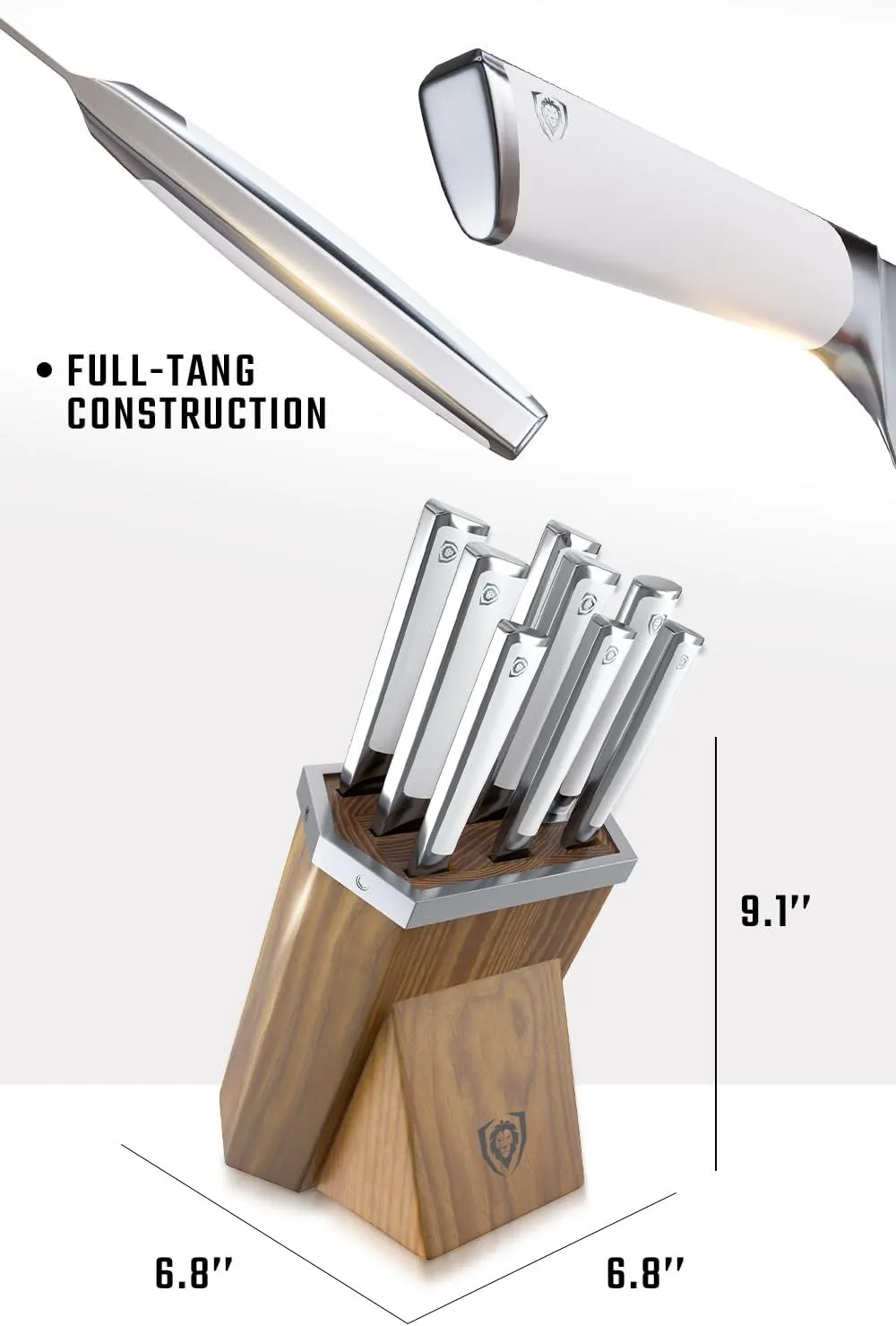 Dalstrong Knife Block Set - 8 Piece - Vanquish Series - Forged High Carbon German Steel - Kitchen Knife Set - Premium Wood Block - White POM Handle - NSF Certified