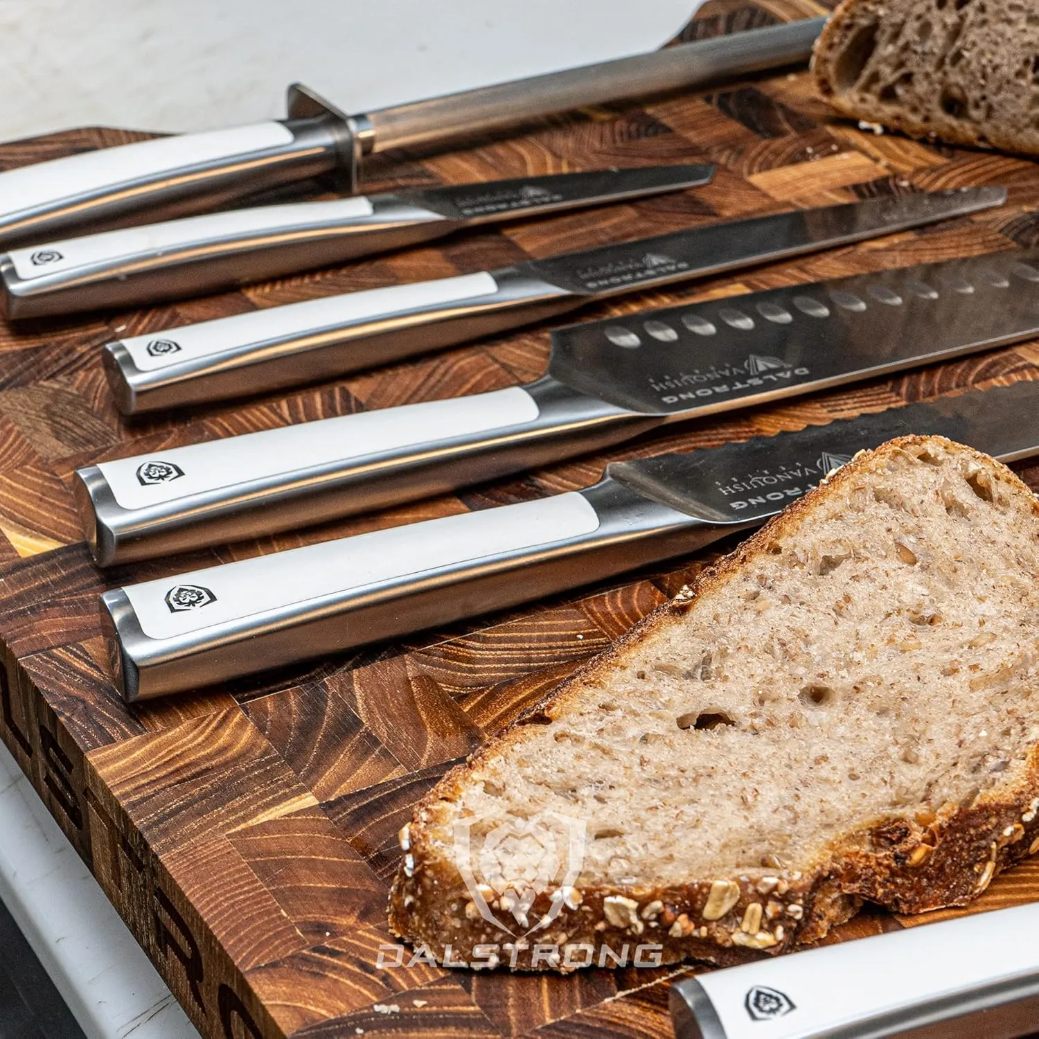 Dalstrong Knife Block Set - 8 Piece - Vanquish Series - Forged High Carbon German Steel - Kitchen Knife Set - Premium Wood Block - White POM Handle - NSF Certified