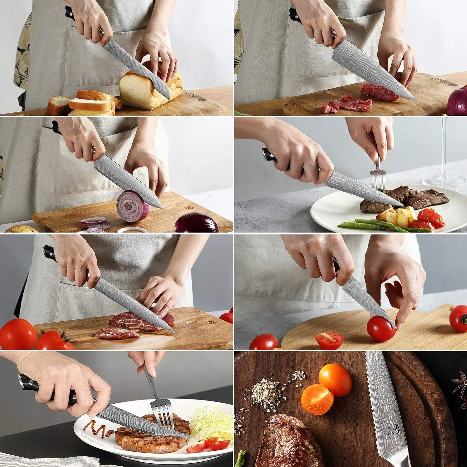 Damascus Kitchen Knife Set, 15-Piece Kitchen Knife Set with Block, ABS Ergonomic Handle for Chef Knife Set and Serrated Steak Knives Knife Sharpener and Kitchen Shears, Beechwood Block
