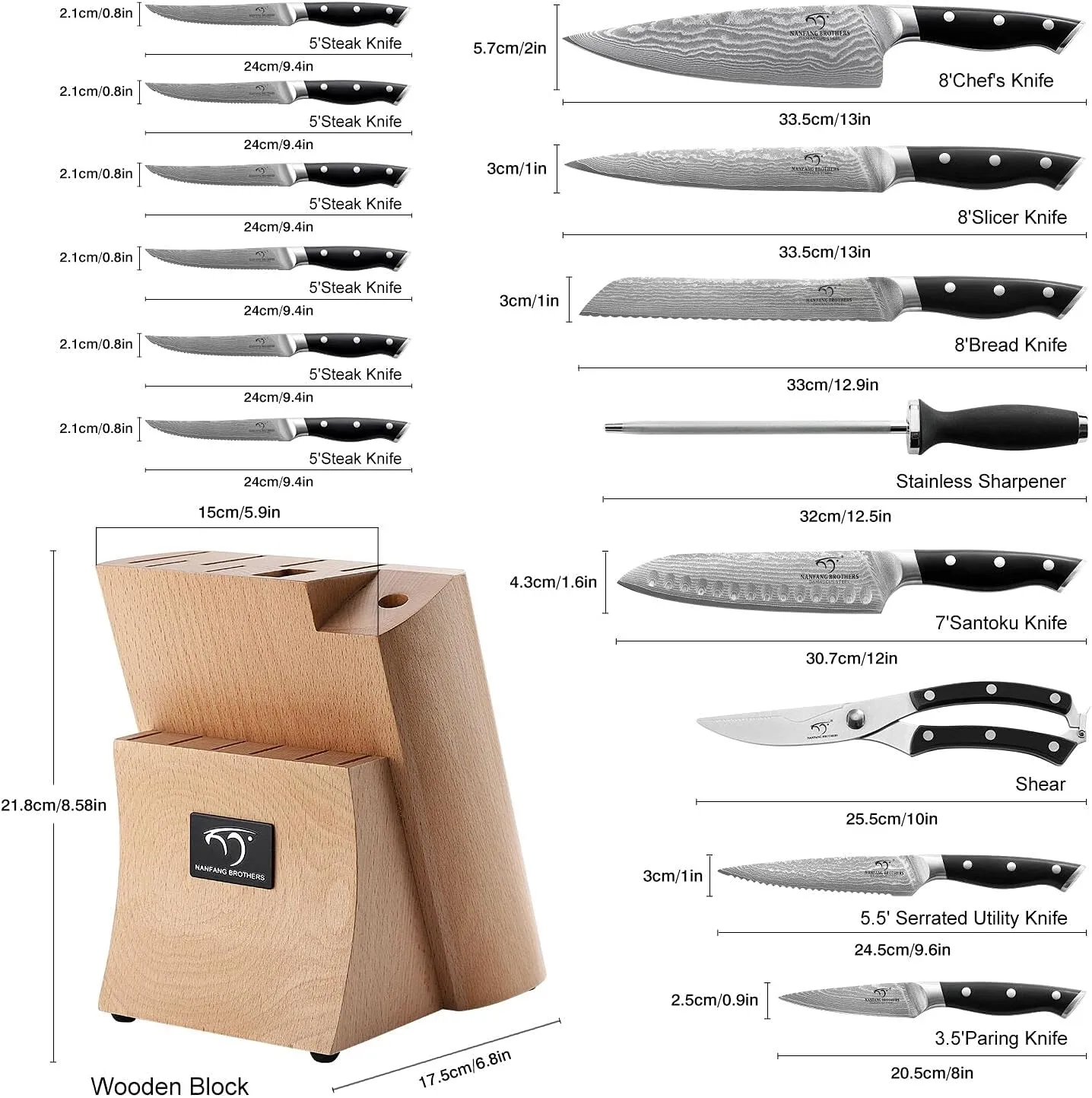 Damascus Kitchen Knife Set, 15-Piece Kitchen Knife Set with Block, ABS Ergonomic Handle for Chef Knife Set and Serrated Steak Knives Knife Sharpener and Kitchen Shears, Beechwood Block