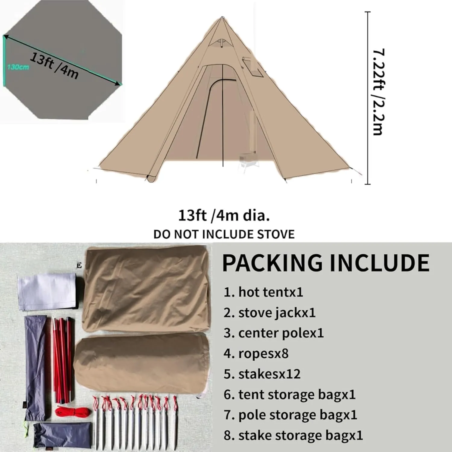 DANCHEL OUTDOOR Backpacking Hot Tent with Stove Jack for 2/4 Person Camping, 4 Season Lighweight Teepee Tent for Hunting Winter Solo Camping,10.5ft/13ft