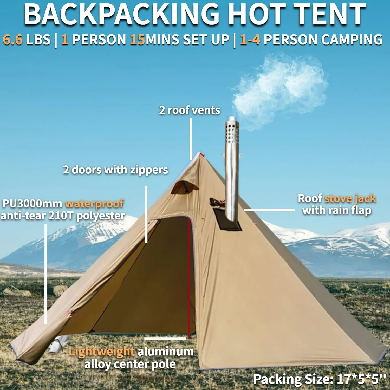 DANCHEL OUTDOOR Backpacking Hot Tent with Stove Jack for 2/4 Person Camping, 4 Season Lighweight Teepee Tent for Hunting Winter Solo Camping,10.5ft/13ft