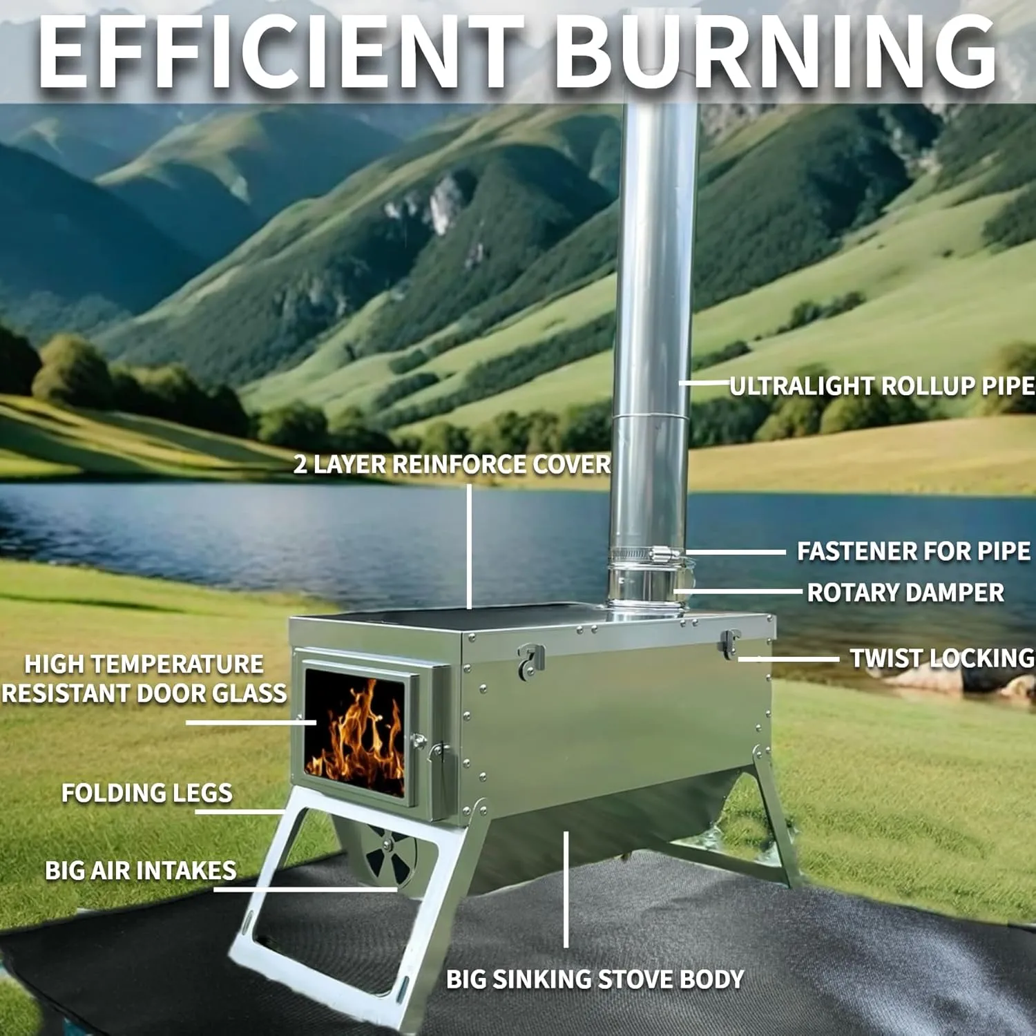 DANCHEL OUTDOOR S7C Hot Tent Stove with Fireproof Stove Pad, Portable Camping Wood Stove for Tent 304 Stainless Steel Telescopic Body with 8.2ft Chimney Pipes Ice Fishing, Hunting
