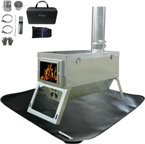 DANCHEL OUTDOOR S7C Hot Tent Stove with Fireproof Stove Pad, Portable Camping Wood Stove for Tent 304 Stainless Steel Telescopic Body with 8.2ft Chimney Pipes Ice Fishing, Hunting