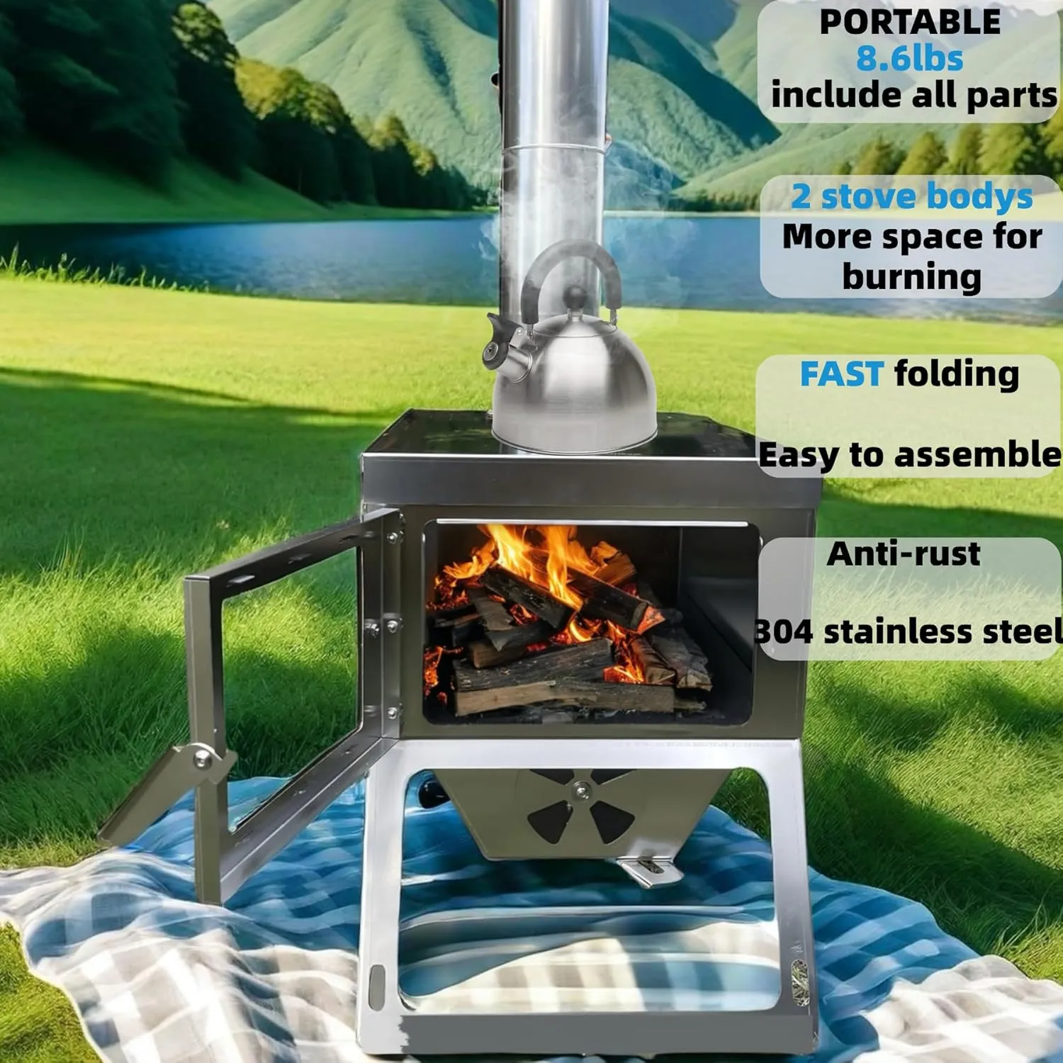 DANCHEL OUTDOOR S7C Hot Tent Stove with Fireproof Stove Pad, Portable Camping Wood Stove for Tent 304 Stainless Steel Telescopic Body with 8.2ft Chimney Pipes Ice Fishing, Hunting