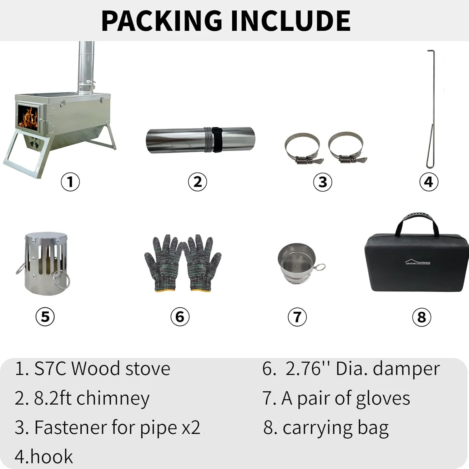 DANCHEL OUTDOOR S7C Hot Tent Stove with Fireproof Stove Pad, Portable Camping Wood Stove for Tent 304 Stainless Steel Telescopic Body with 8.2ft Chimney Pipes Ice Fishing, Hunting