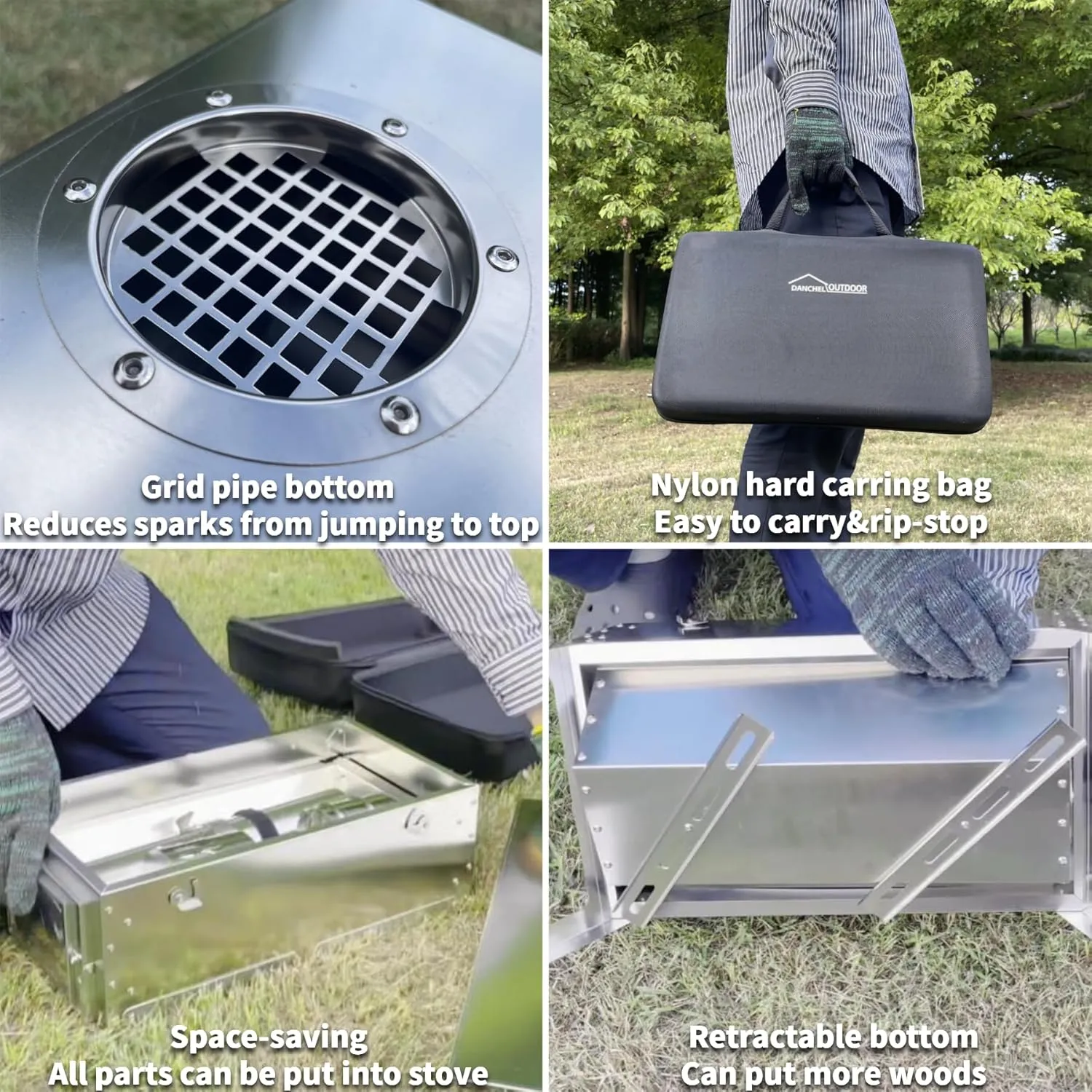 DANCHEL OUTDOOR S7C Hot Tent Stove with Fireproof Stove Pad, Portable Camping Wood Stove for Tent 304 Stainless Steel Telescopic Body with 8.2ft Chimney Pipes Ice Fishing, Hunting
