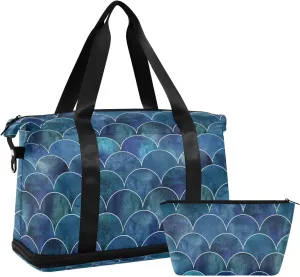 Dark Navy-Blue Japanese Fish Scales Ocean Waves Foldable Travel Bag, Camping Luggage bag, Portable Gym Bag, Sports Bag, Toiletry Bag with Handles Adjustable Shoulder Strap
