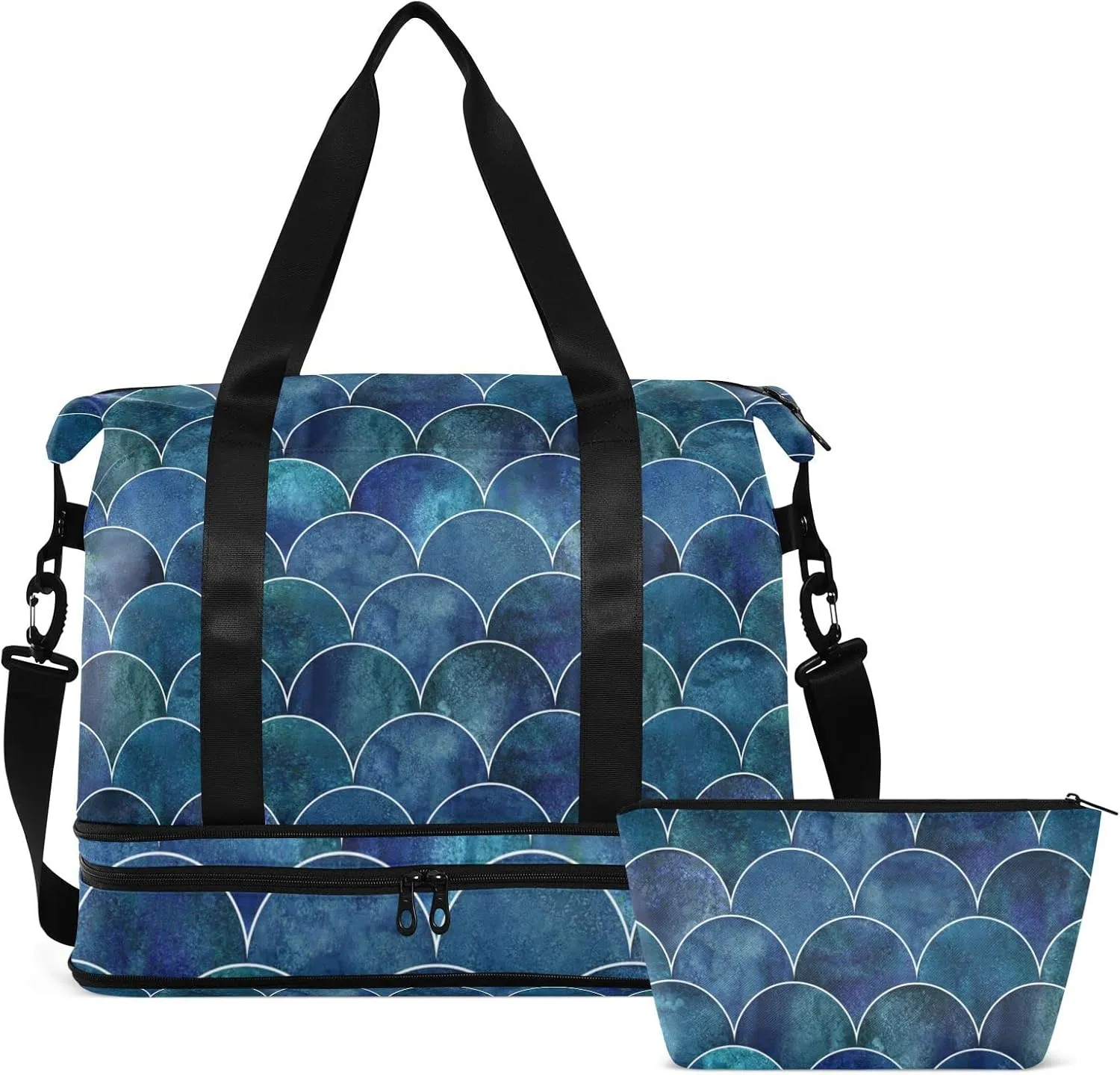 Dark Navy-Blue Japanese Fish Scales Ocean Waves Foldable Travel Bag, Camping Luggage bag, Portable Gym Bag, Sports Bag, Toiletry Bag with Handles Adjustable Shoulder Strap