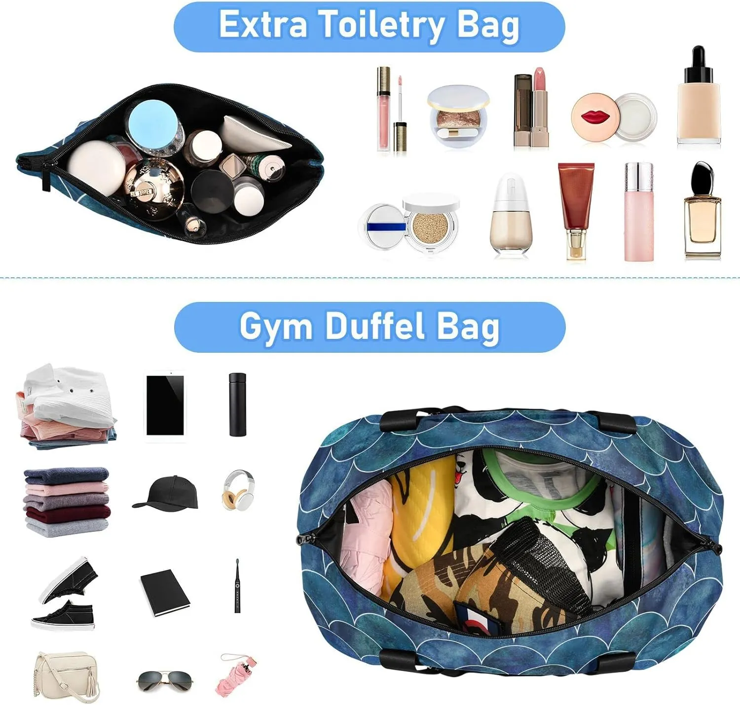 Dark Navy-Blue Japanese Fish Scales Ocean Waves Foldable Travel Bag, Camping Luggage bag, Portable Gym Bag, Sports Bag, Toiletry Bag with Handles Adjustable Shoulder Strap