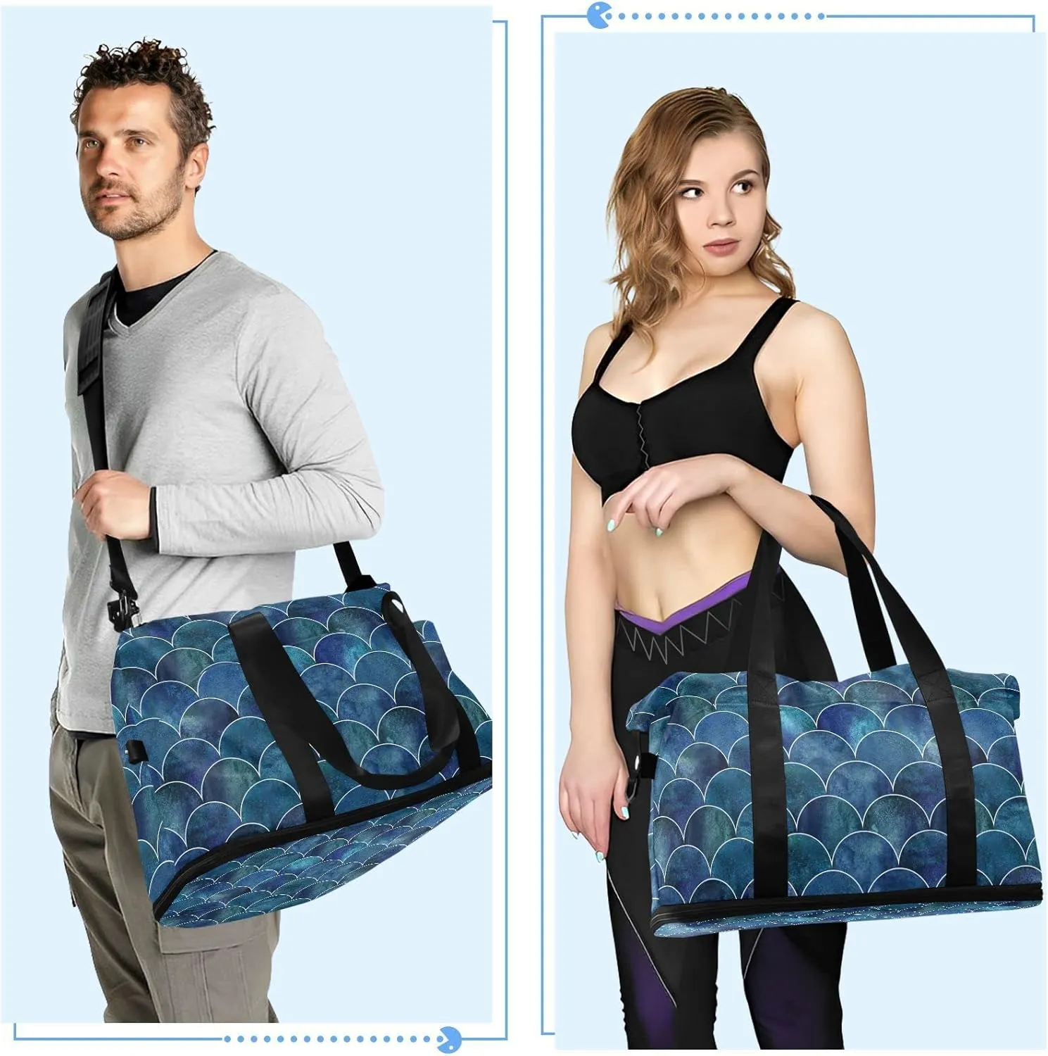 Dark Navy-Blue Japanese Fish Scales Ocean Waves Foldable Travel Bag, Camping Luggage bag, Portable Gym Bag, Sports Bag, Toiletry Bag with Handles Adjustable Shoulder Strap