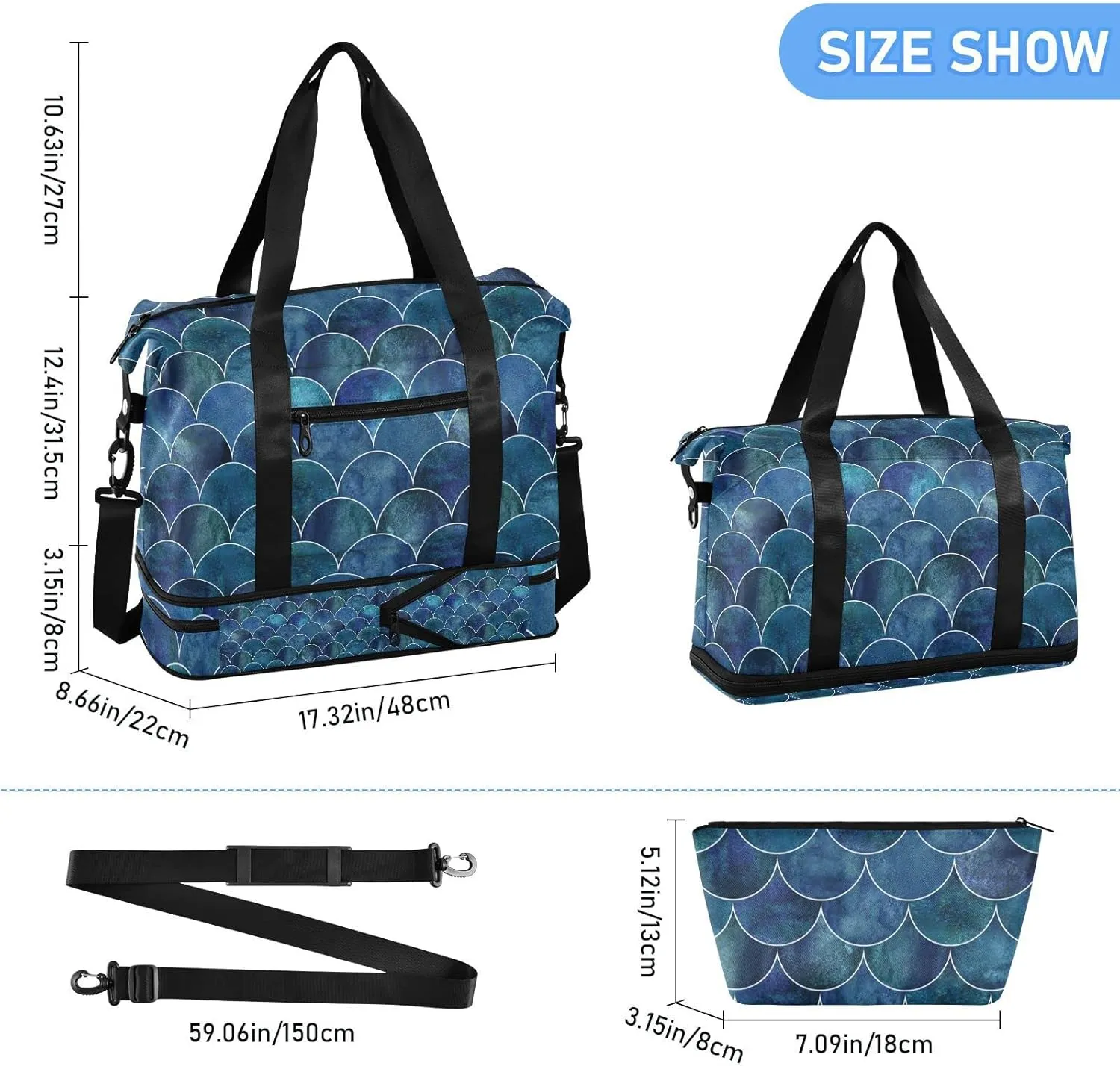 Dark Navy-Blue Japanese Fish Scales Ocean Waves Foldable Travel Bag, Camping Luggage bag, Portable Gym Bag, Sports Bag, Toiletry Bag with Handles Adjustable Shoulder Strap
