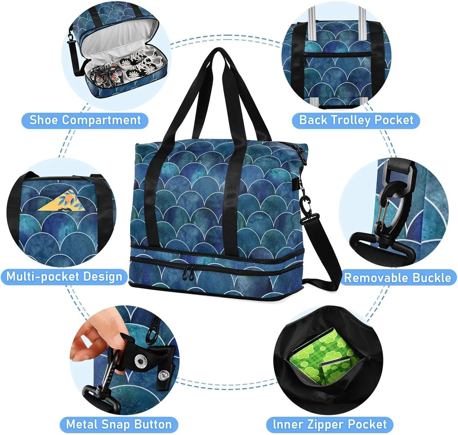 Dark Navy-Blue Japanese Fish Scales Ocean Waves Foldable Travel Bag, Camping Luggage bag, Portable Gym Bag, Sports Bag, Toiletry Bag with Handles Adjustable Shoulder Strap