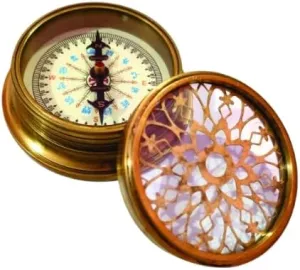 Decorative Handcrafted Compass with Floral Mosaic Design, Gold Finish