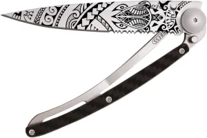 deejo - Serrated 1.3 OZ, Carbon Fiber, Titanium, Polynesian - Half Serrated - Ultra-Light Pocket Folding Knife with a Belt Clip - Stainless Steel Z40C13
