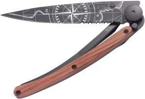 deejo - Serrated 1.3OZ, Coral Wood, Black Titanium, Terra Incognita - Ultra-Light Pocket Folding Knife with a Belt Clip - Stainless Steel Z40C13
