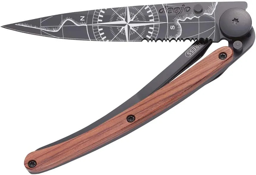 deejo - Serrated 1.3OZ, Coral Wood, Black Titanium, Terra Incognita - Ultra-Light Pocket Folding Knife with a Belt Clip - Stainless Steel Z40C13