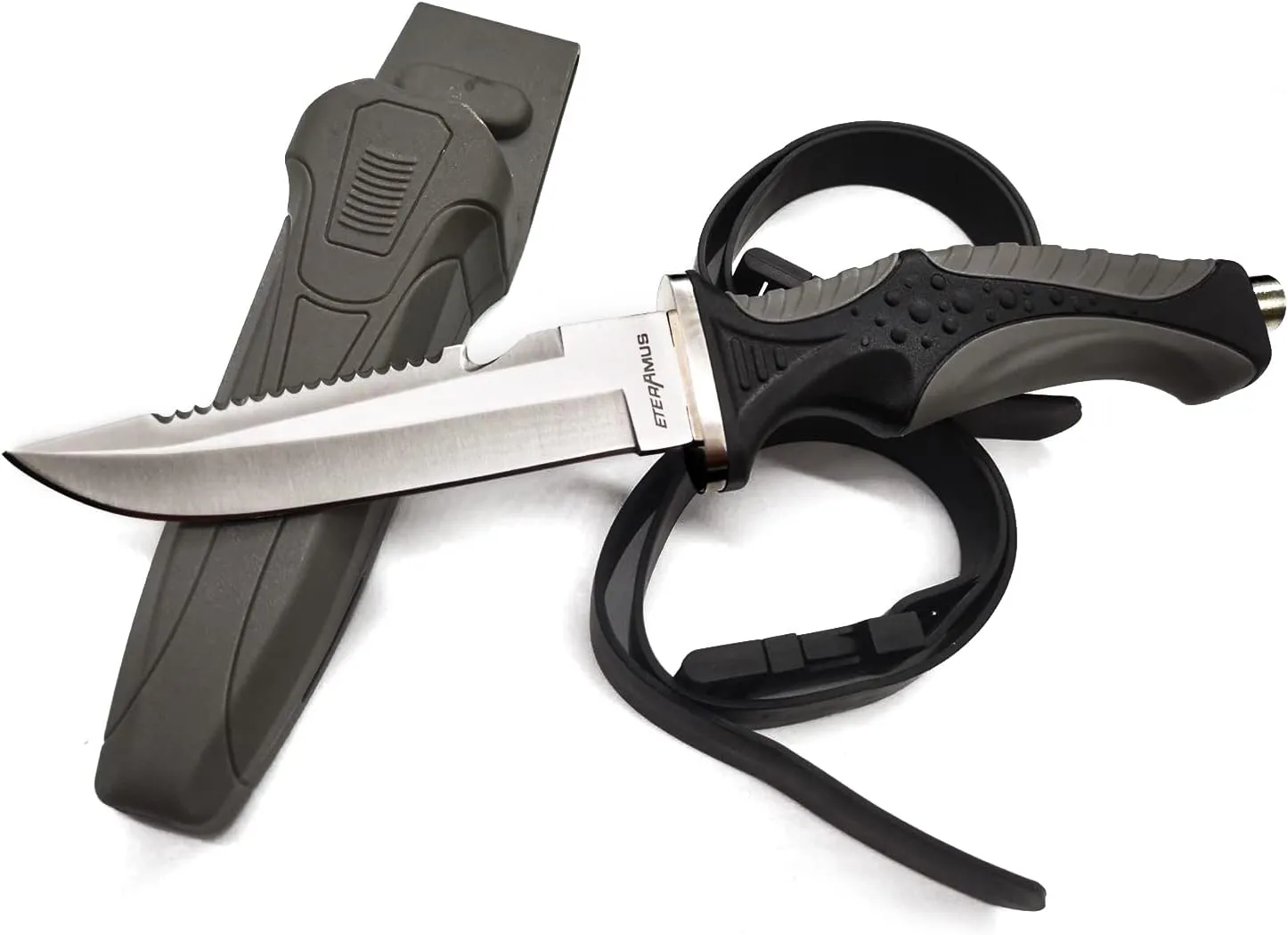 Dive Knife with Leg Straps, Scuba Diving Knife with ABS Sheath, Rubber Strap, Stainless Steel Serrated Double Edge Divers Knives for Camping Father's Day Gifts for Husband,Dad (Grey)