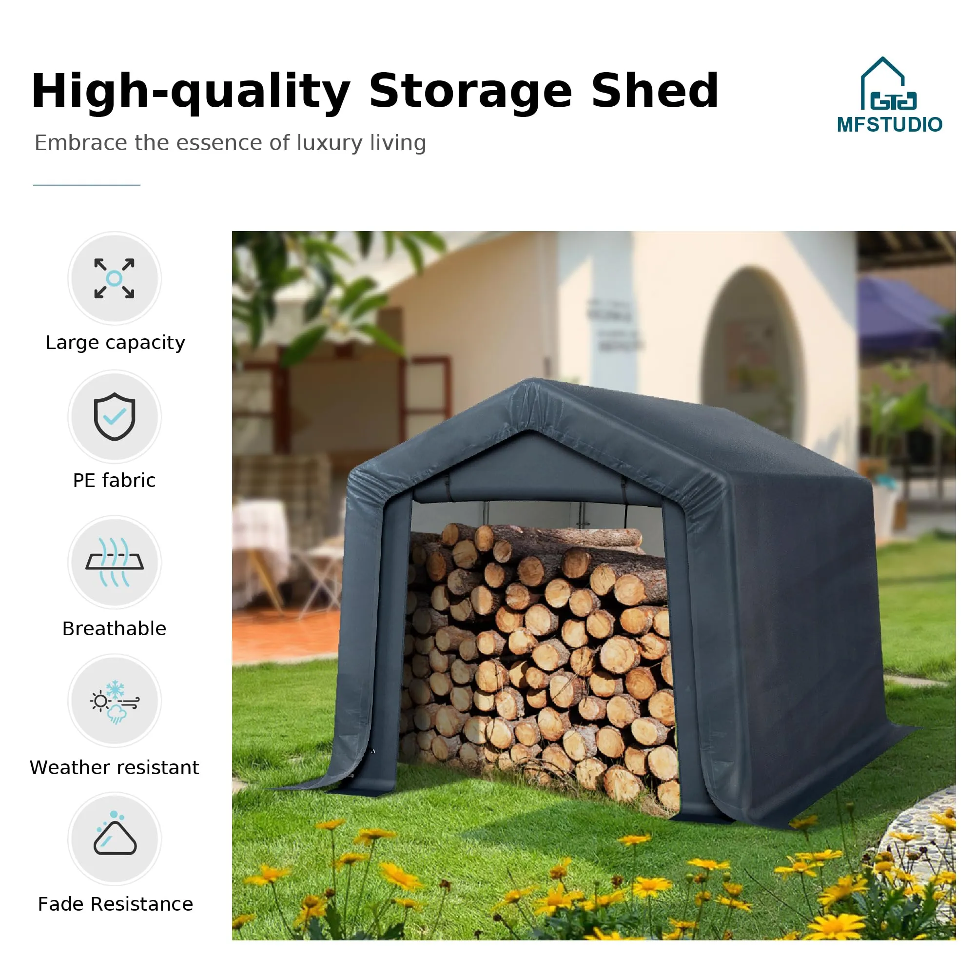 Doors,Outside 8x12 Sheds Shelter Storage Duty Luxurious MFSTUDIO and Tools Garage up Shed Rolled Heavy Bicycles,Lawn with for Garages Canopy Tent ft, Portable Zipper Carport VIP sale Utility Motorcycle, Outdoor mowers